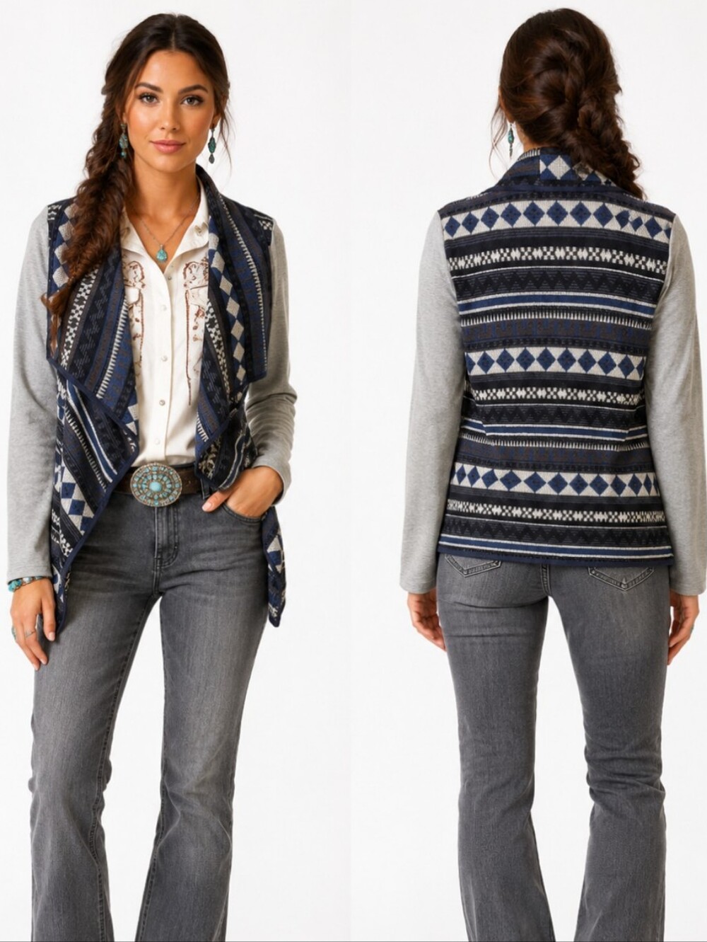 Tapestry Waterfall Jacket Blue/Grey Combo Boho Western Dutton Ranch Vibes Sz M